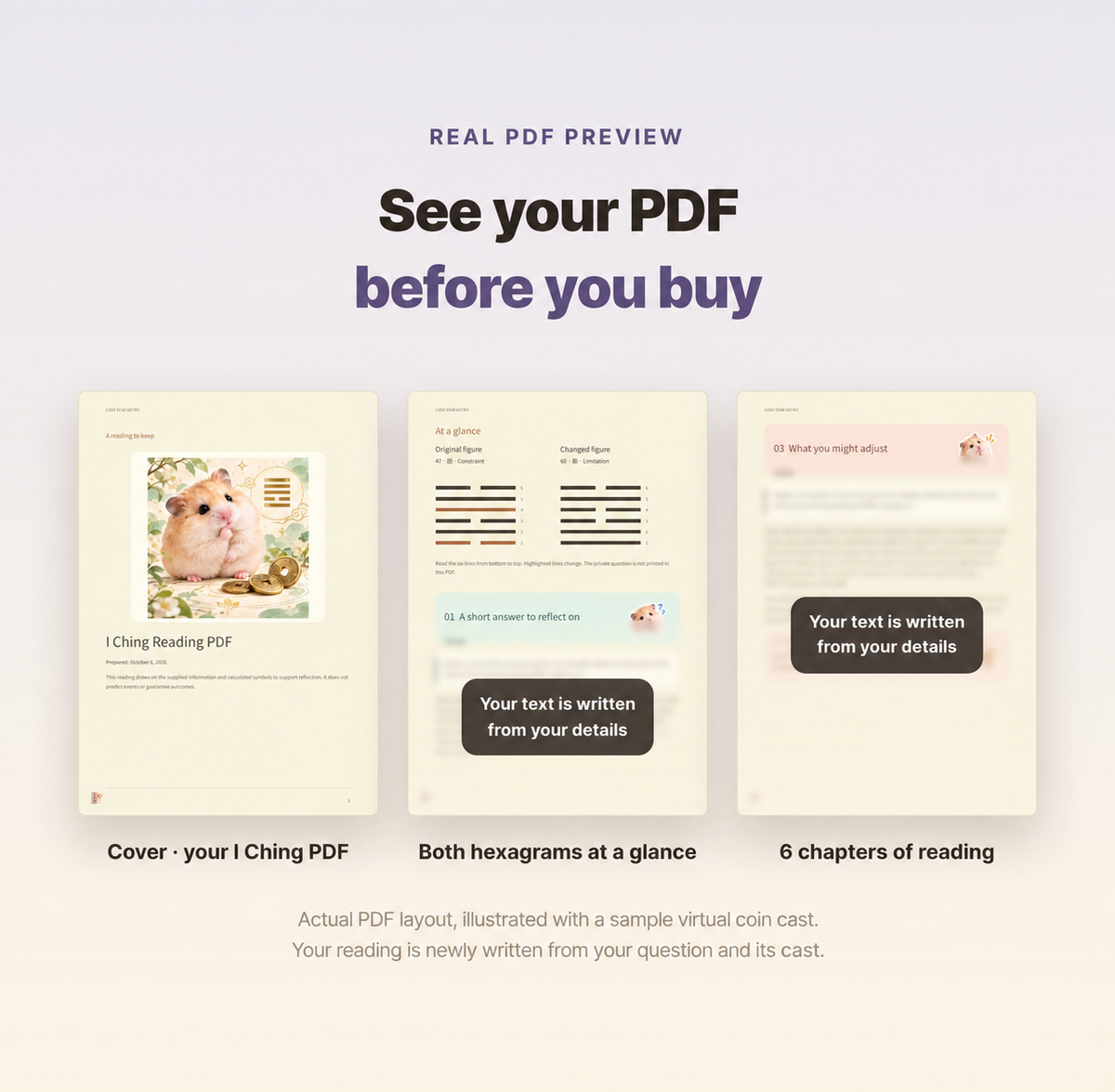 Hamzzi · I Ching Reading PDF — Blurred sample PDF page layouts