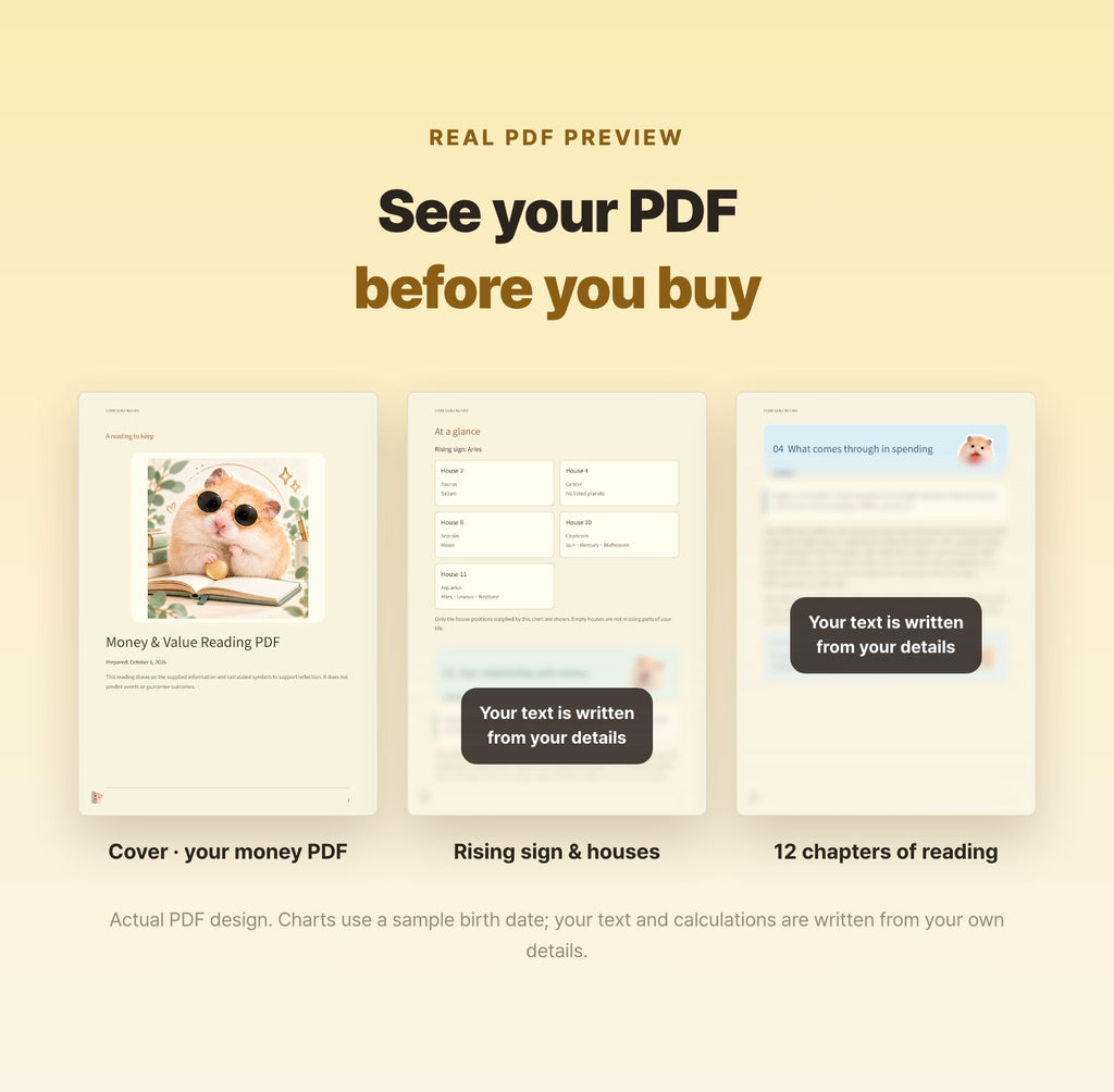 Hamzzi · Money & Value Reading PDF — Blurred sample PDF page layouts