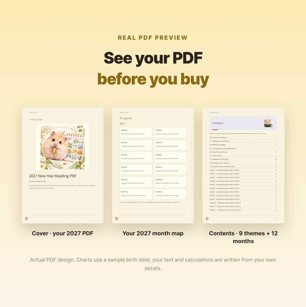 Hamzzi · 2027 New Year Reading PDF — Blurred sample PDF page layouts