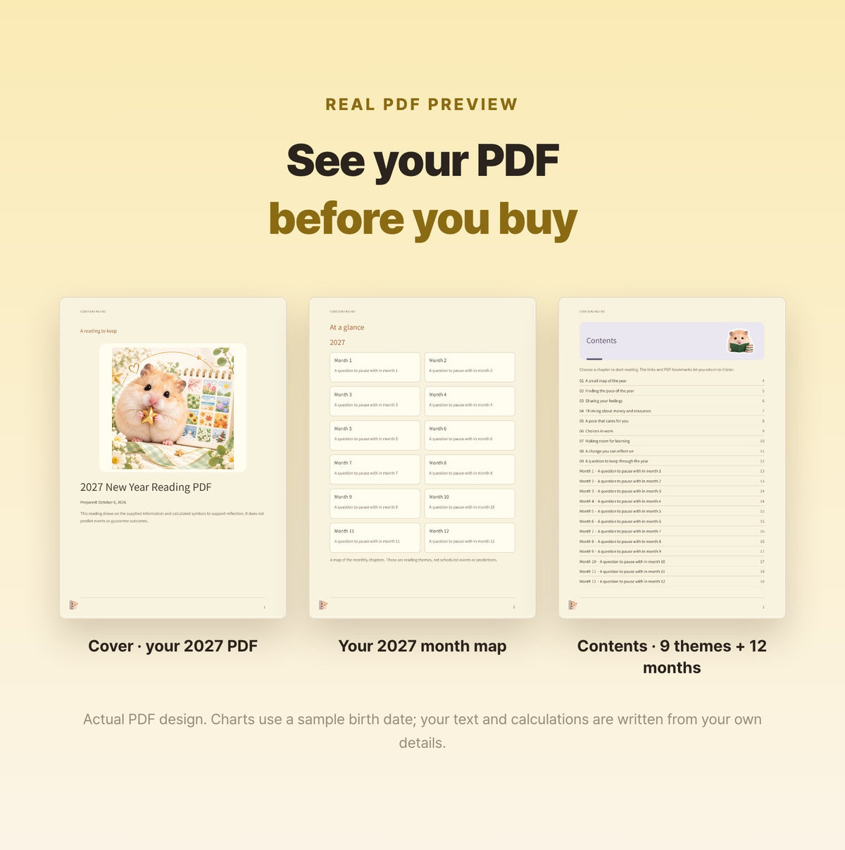 Hamzzi · 2027 New Year Reading PDF — Blurred sample PDF page layouts