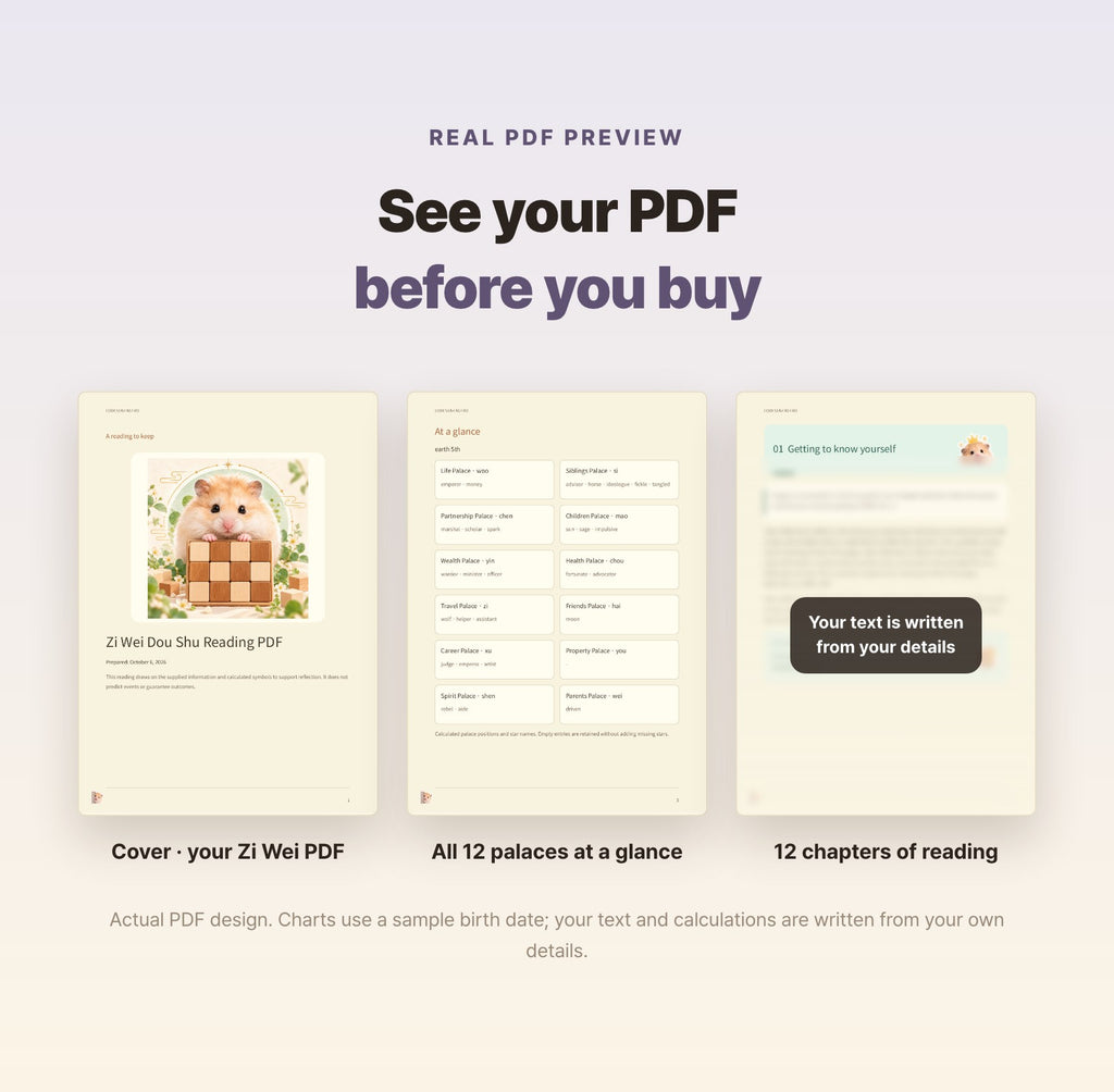 Hamzzi · Zi Wei Dou Shu Reading PDF — Blurred sample PDF page layouts
